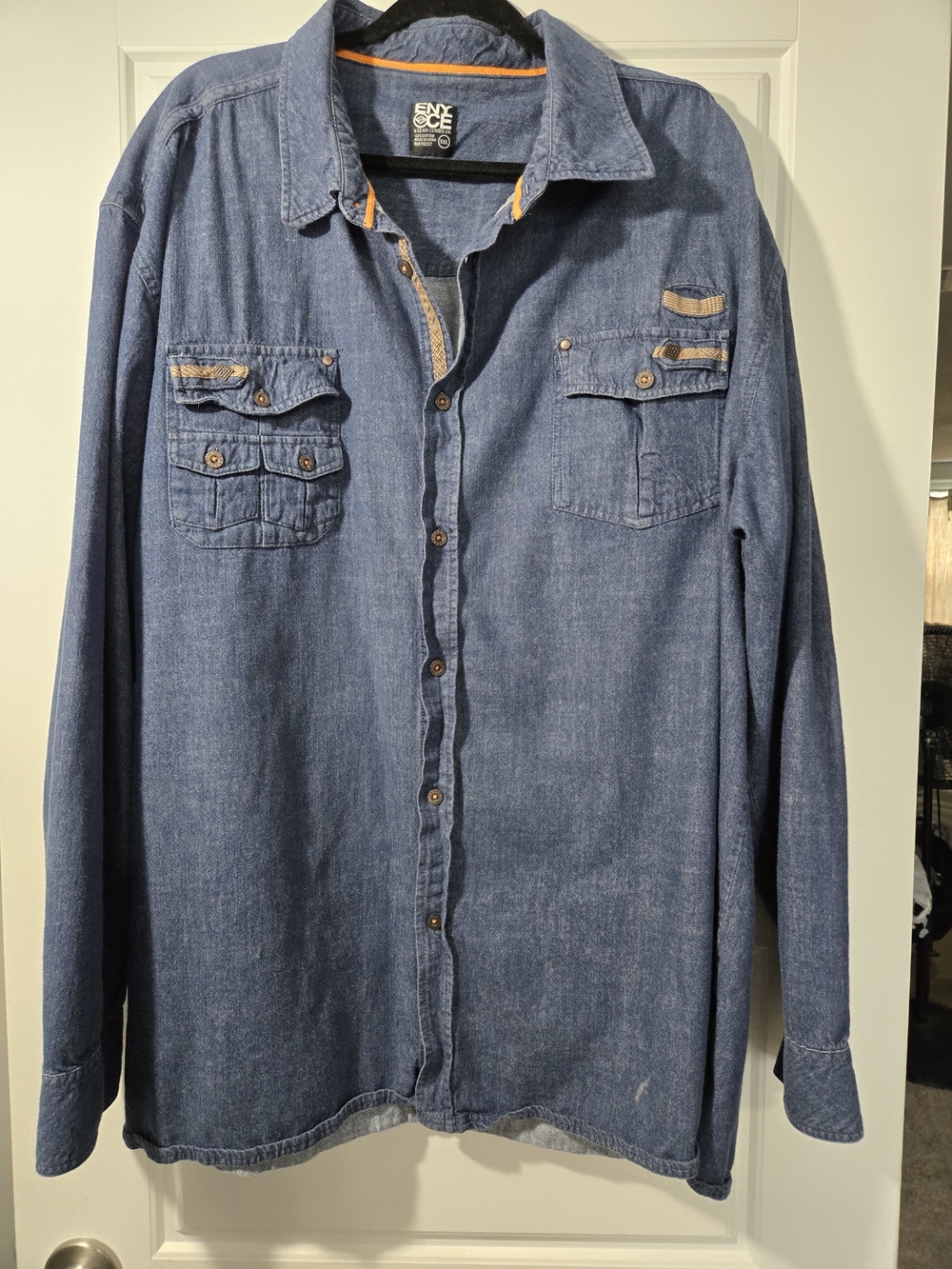 Enyce Men's Denim Button-Down Shirt in Blue with Tan Accents
